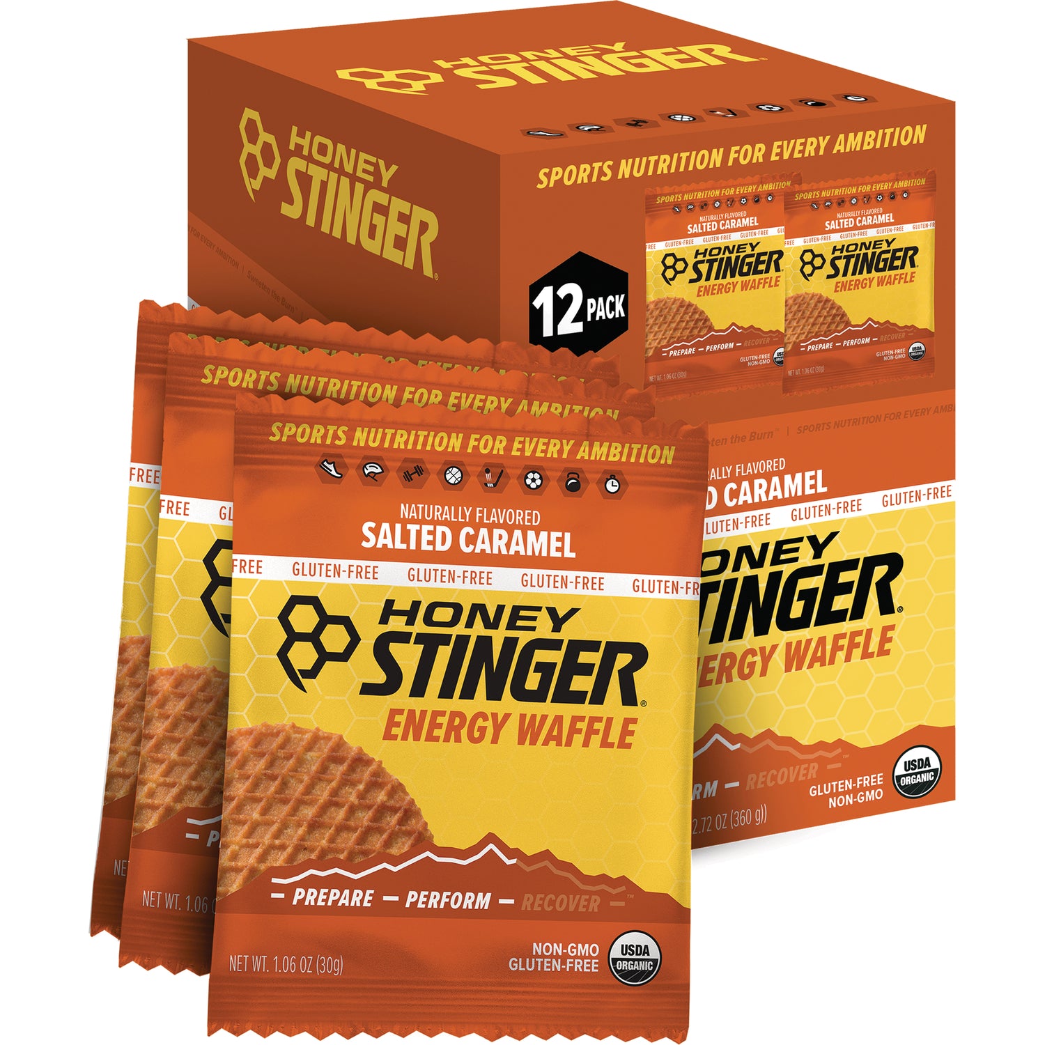 HST069 | Honey Stinger Salted Caramel energy waffle 12-pack box with three individual packets visible