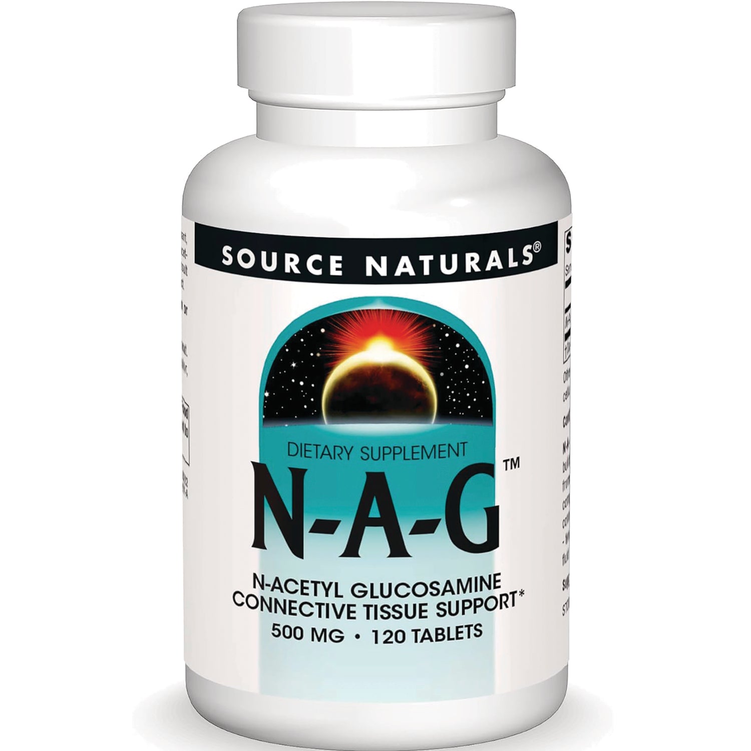 SN742 | Source Naturals N-A-G N-Acetyl Glucosamine 500 mg, 120 tablets dietary supplement bottle