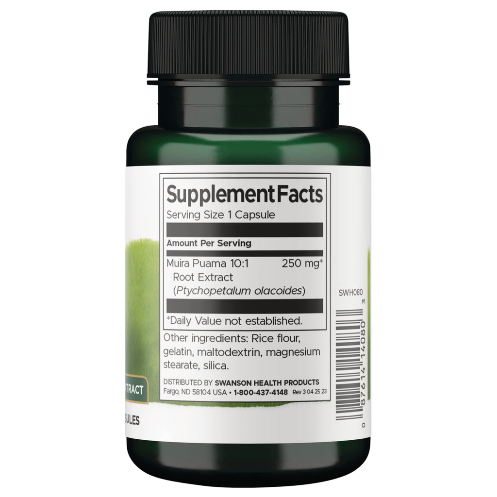 SWH080 | Back label with Supplement Facts for Muira Puama 10:1 root extract 250 mg; other ingredients list and barcode - Thumbnail