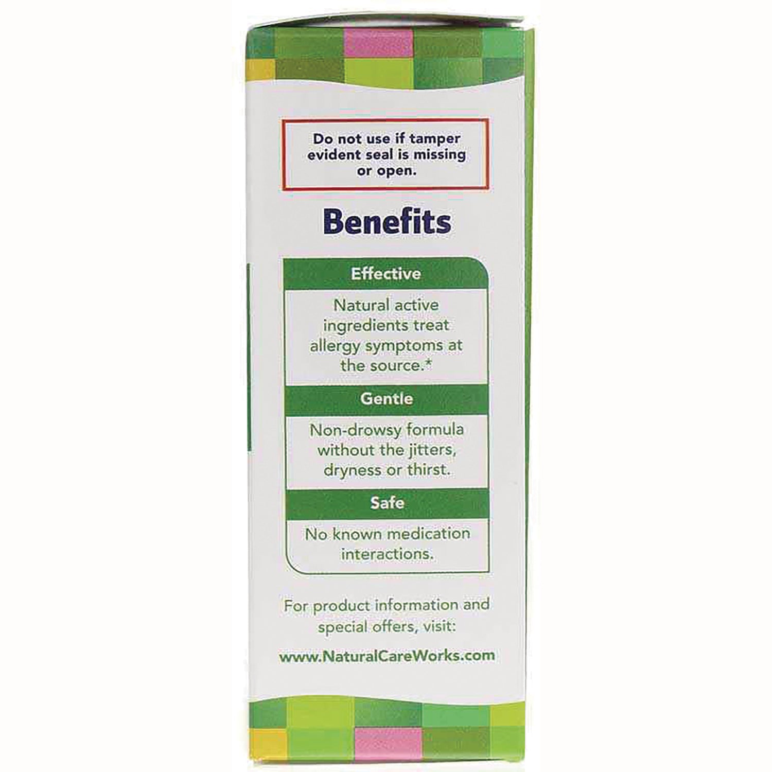 NTB041 | product infographic panel listing BenefitsEffective: natural active ingredients; Gentle: non-drowsy; Safe: no known medication interactions