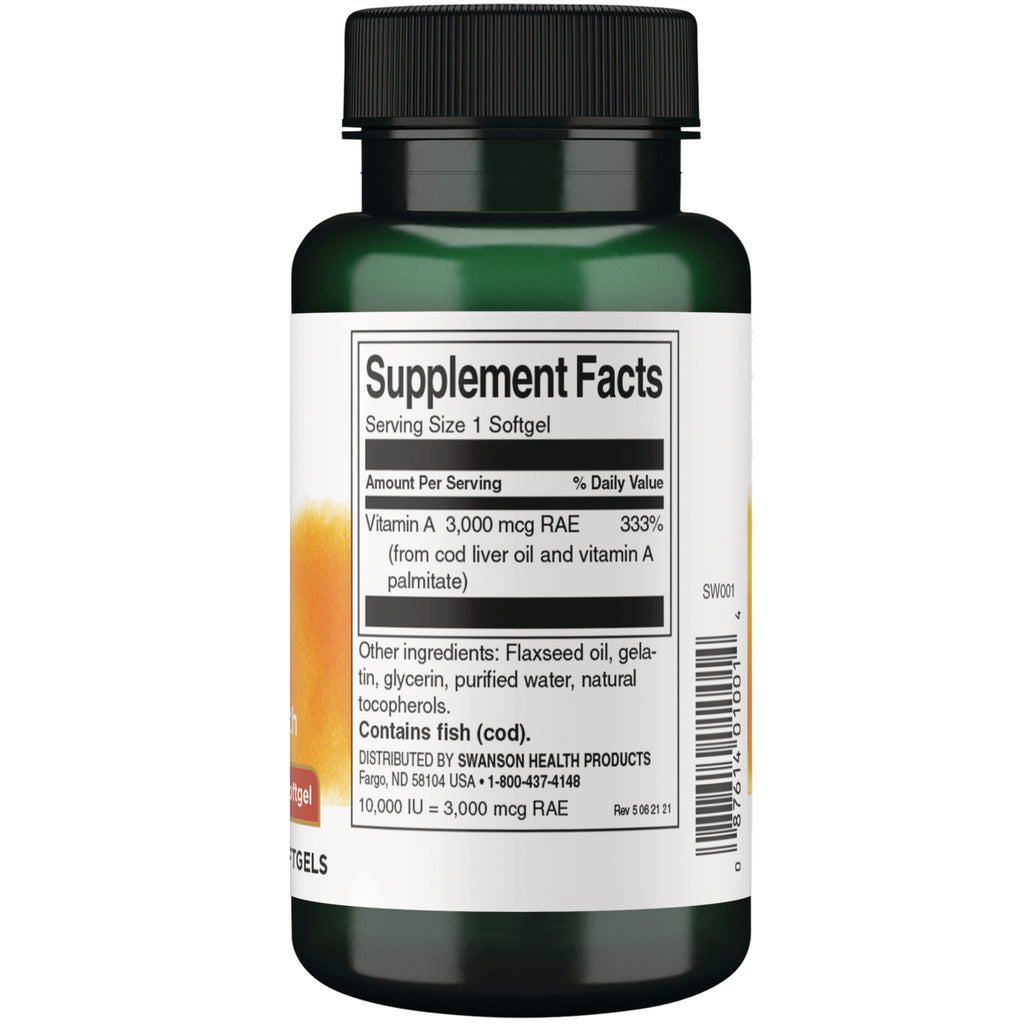 SW002 | Back of bottle with Supplement Facts panel for vitamin A softgels; Vitamin A 3,000 mcg RAE 333%; Contains fish (cod) - Thumbnail