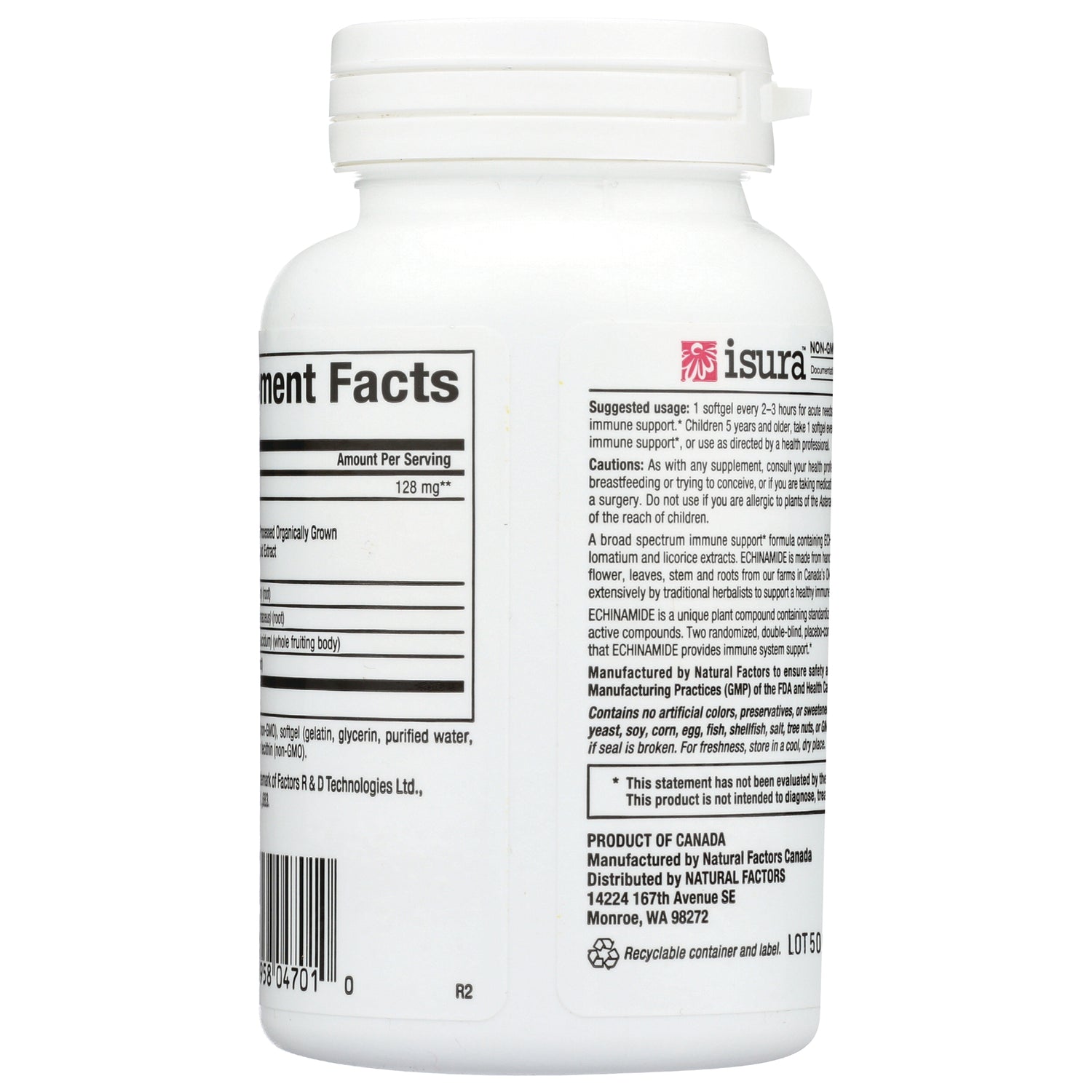 NFC105 | back label of white supplement bottle showing supplement facts, cautions, and barcode