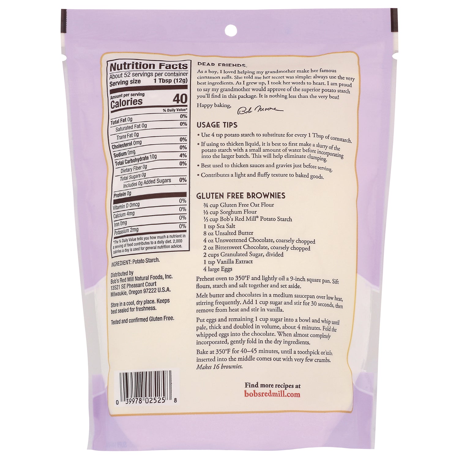 BOB285 | back of purple package showing nutrition facts, usage tips and gluten free brownies recipe