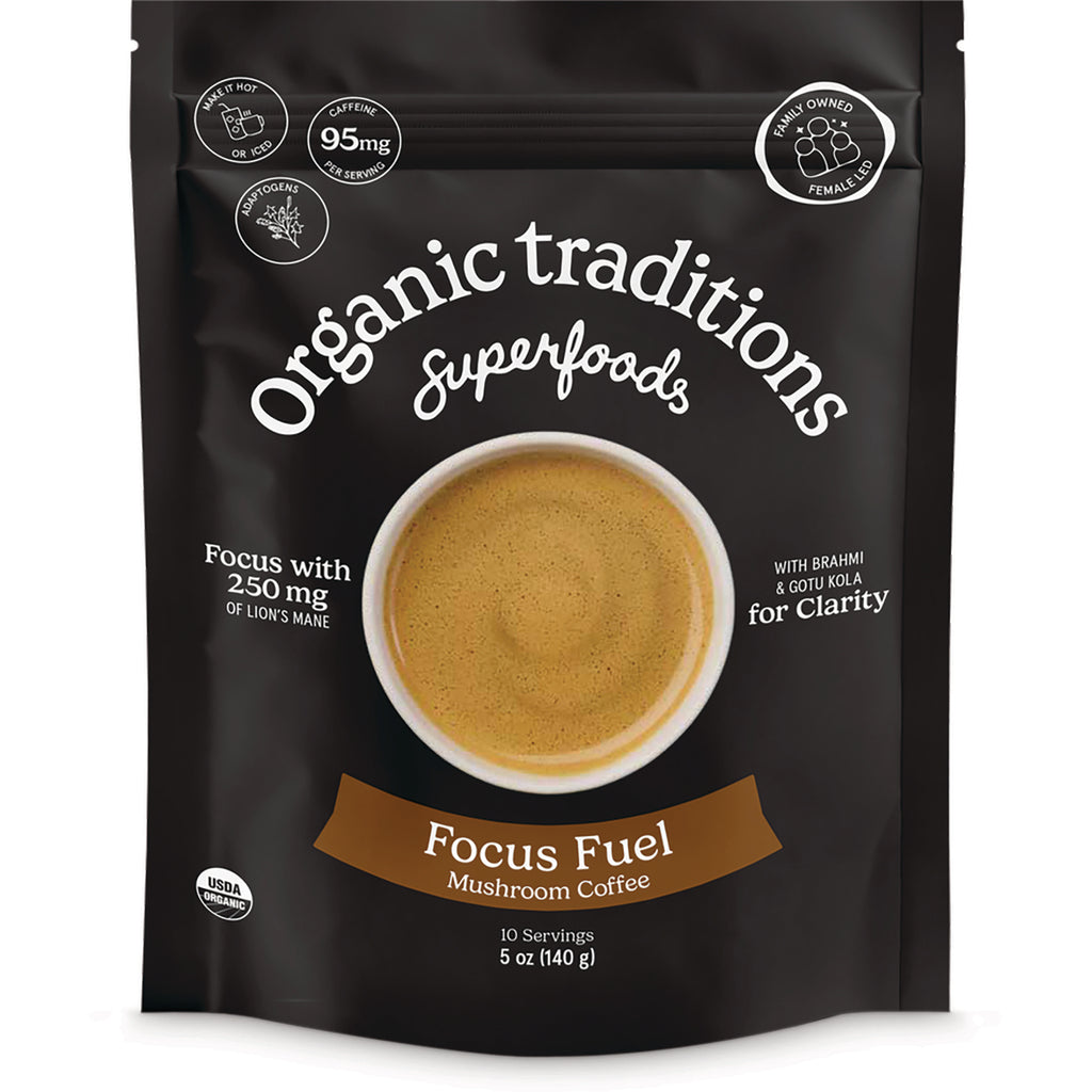OTR103 | Organic Traditions Focus Fuel Mushroom Coffee pouch showing a cup of coffee and 10 servings - Thumbnail