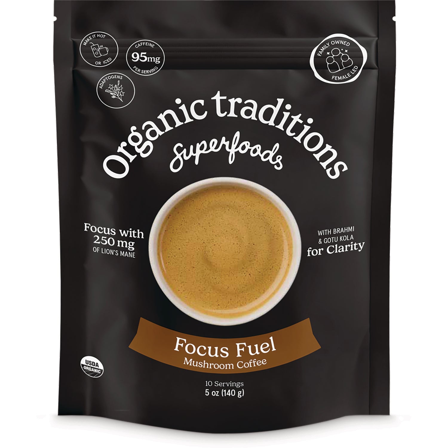 OTR103 | Organic Traditions Focus Fuel Mushroom Coffee pouch showing a cup of coffee and 10 servings