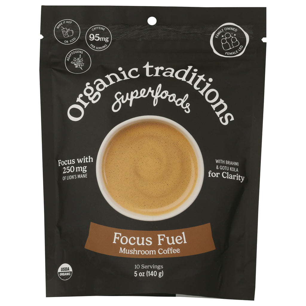 OTR103 | Organic Traditions Focus Fuel Mushroom Coffee pouch showing a cup of coffee and 10 servings - Thumbnail