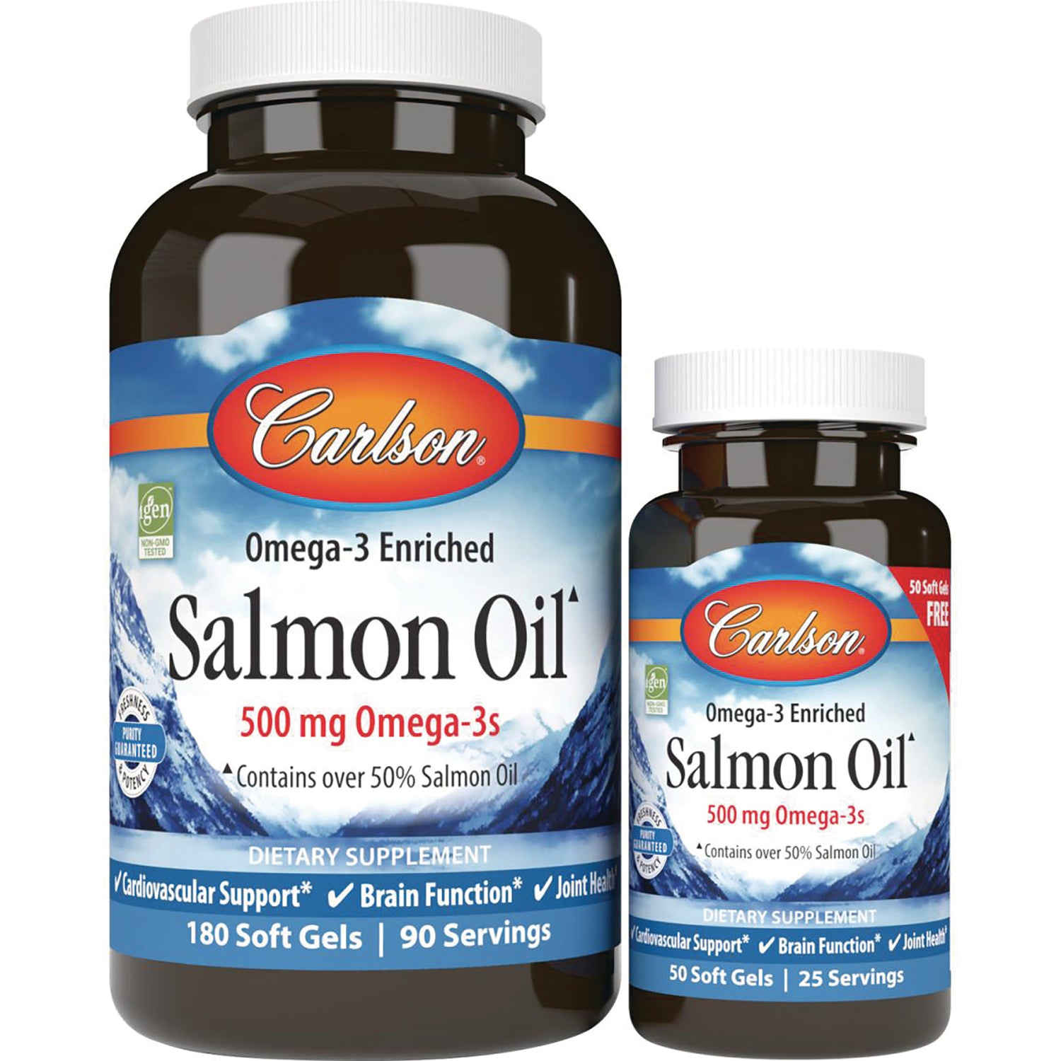 CSN017 | Two front-facing Carlson Salmon Oil supplement bottles, Omega-3 Enriched, 500 mg Omega-3s label