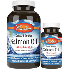 CSN017 | Two front-facing Carlson Salmon Oil supplement bottles, Omega-3 Enriched, 500 mg Omega-3s label