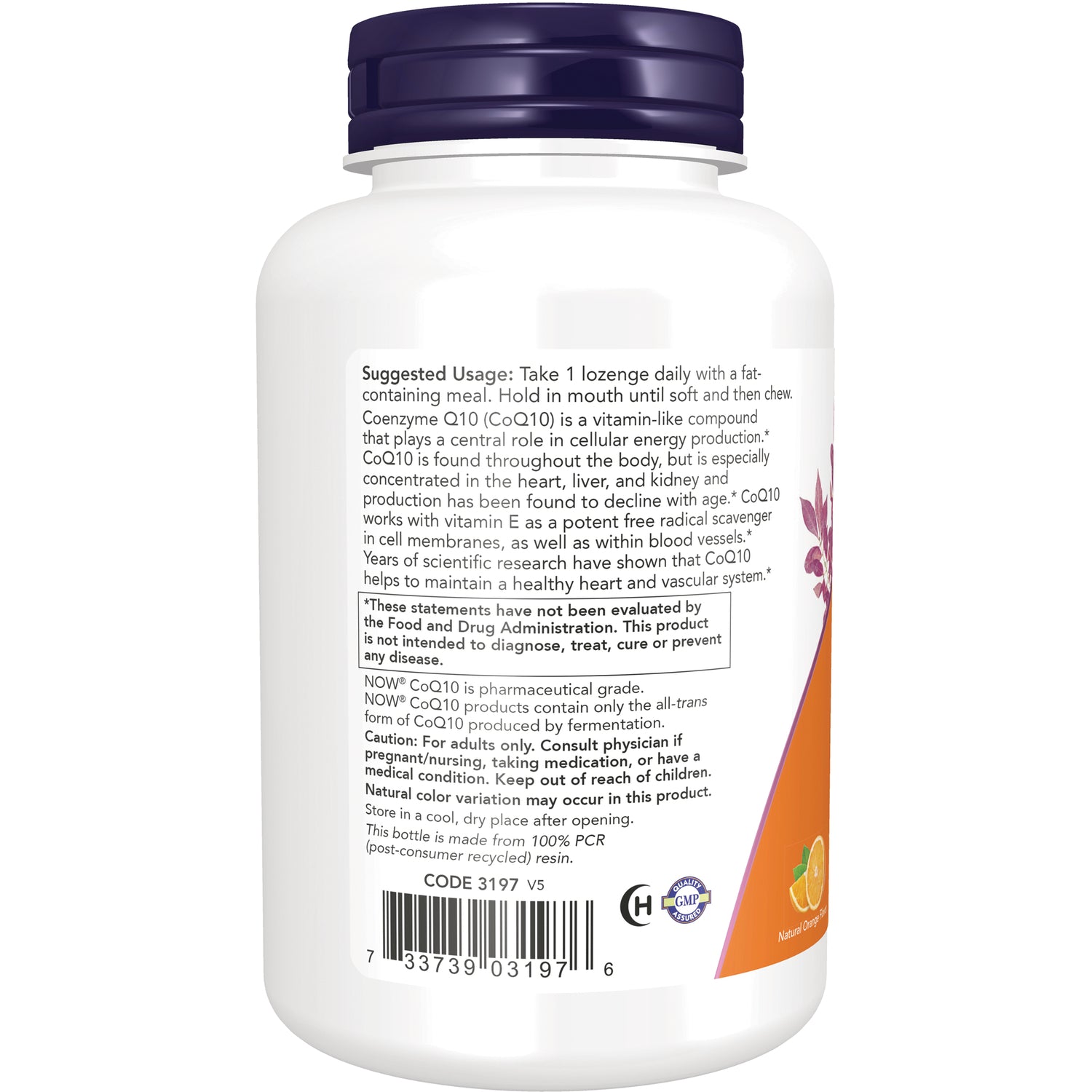 NWF205 | Back of white supplement bottle showing suggested usage, caution statements and barcode