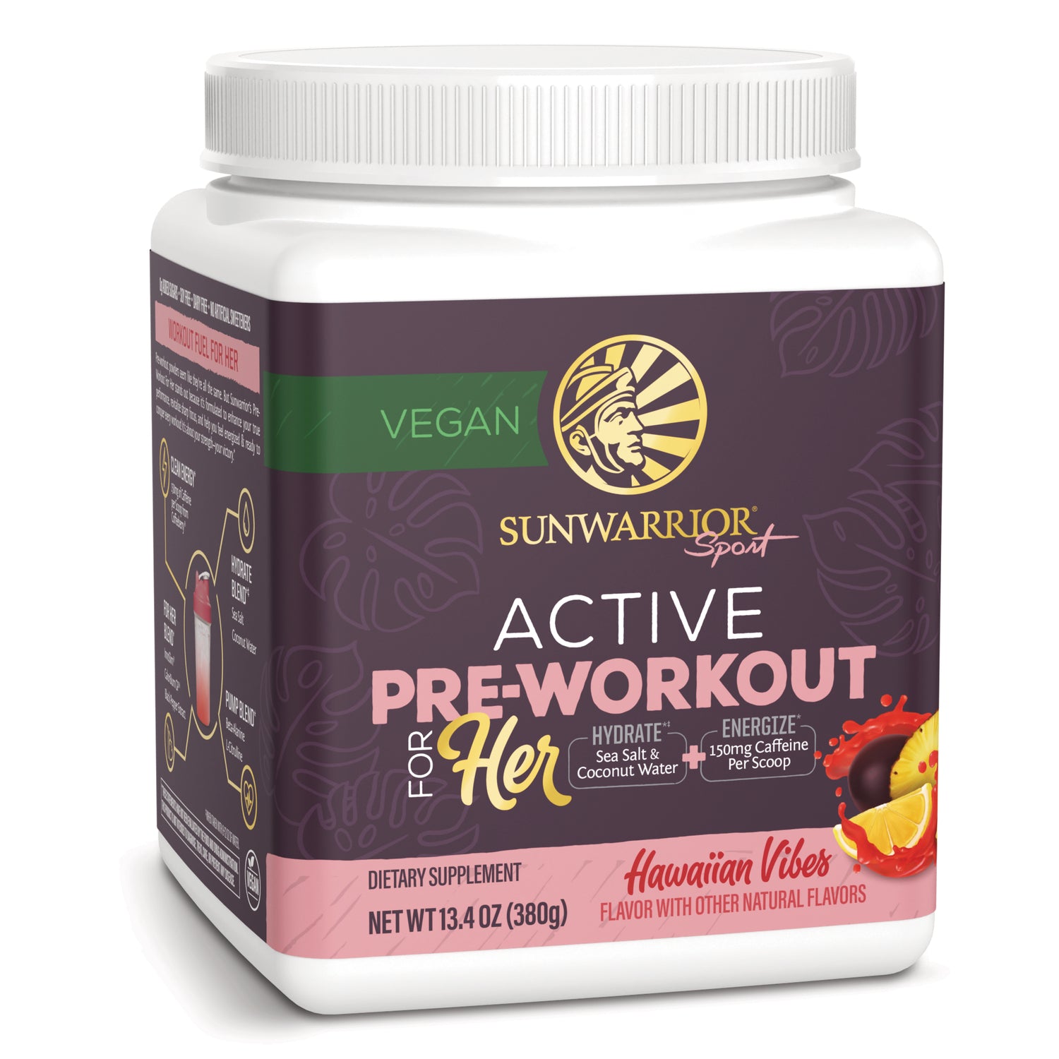 SNW056 | Sunwarrior Sport Active Pre-Workout for Her, Hawaiian Vibes flavor, vegan supplement, 13.4 oz