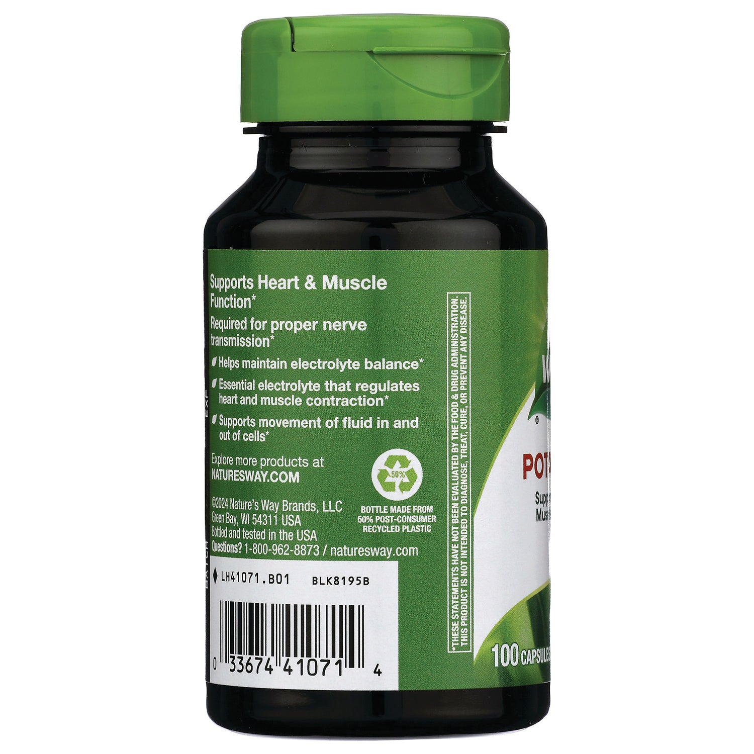 NW362 | back label of green supplement bottle showing benefits text, barcode, recycling symbol, and green cap