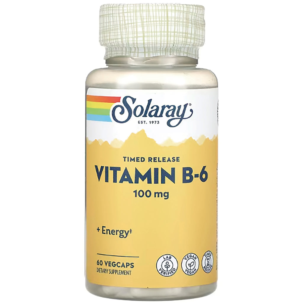 SLR415 | Solaray Timed Release Vitamin B-6 100 mg, 60 VegCaps bottle - Thumbnail