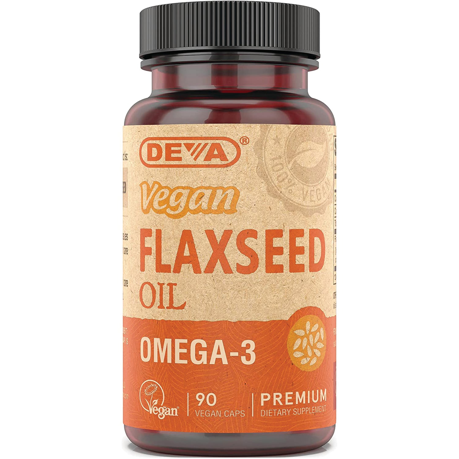 DEV003 | Brown plastic bottle labeled VEGAN FLAXSEED OIL OMEGA-3 90 vegan caps premium dietary supplement