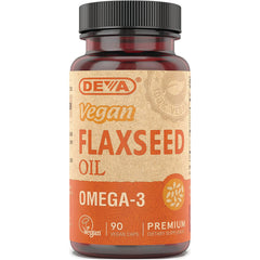 DEV003 | Brown plastic bottle labeled VEGAN FLAXSEED OIL OMEGA-3 90 vegan caps premium dietary supplement