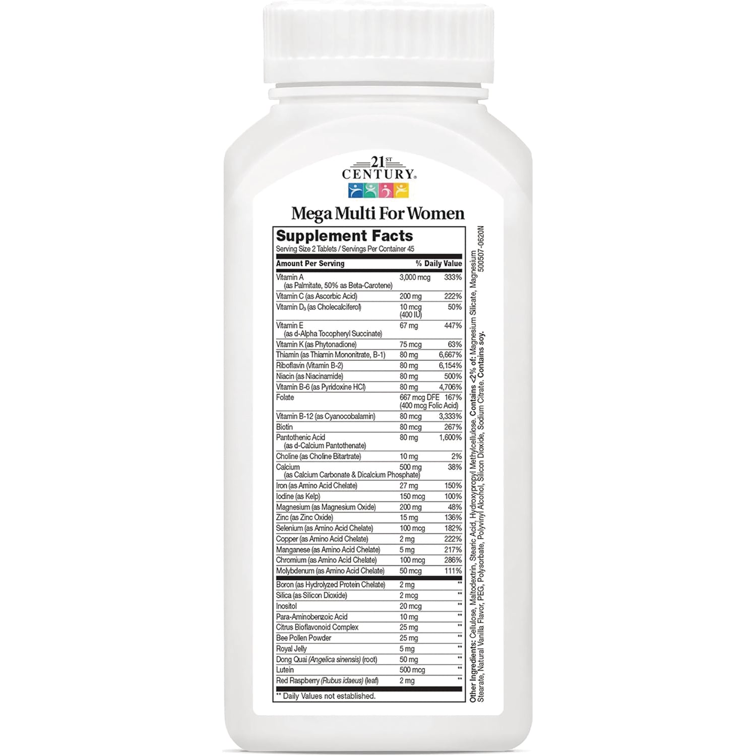 CNT101 | back of white supplement bottle showing Supplement Facts panel for Mega Multi For Women