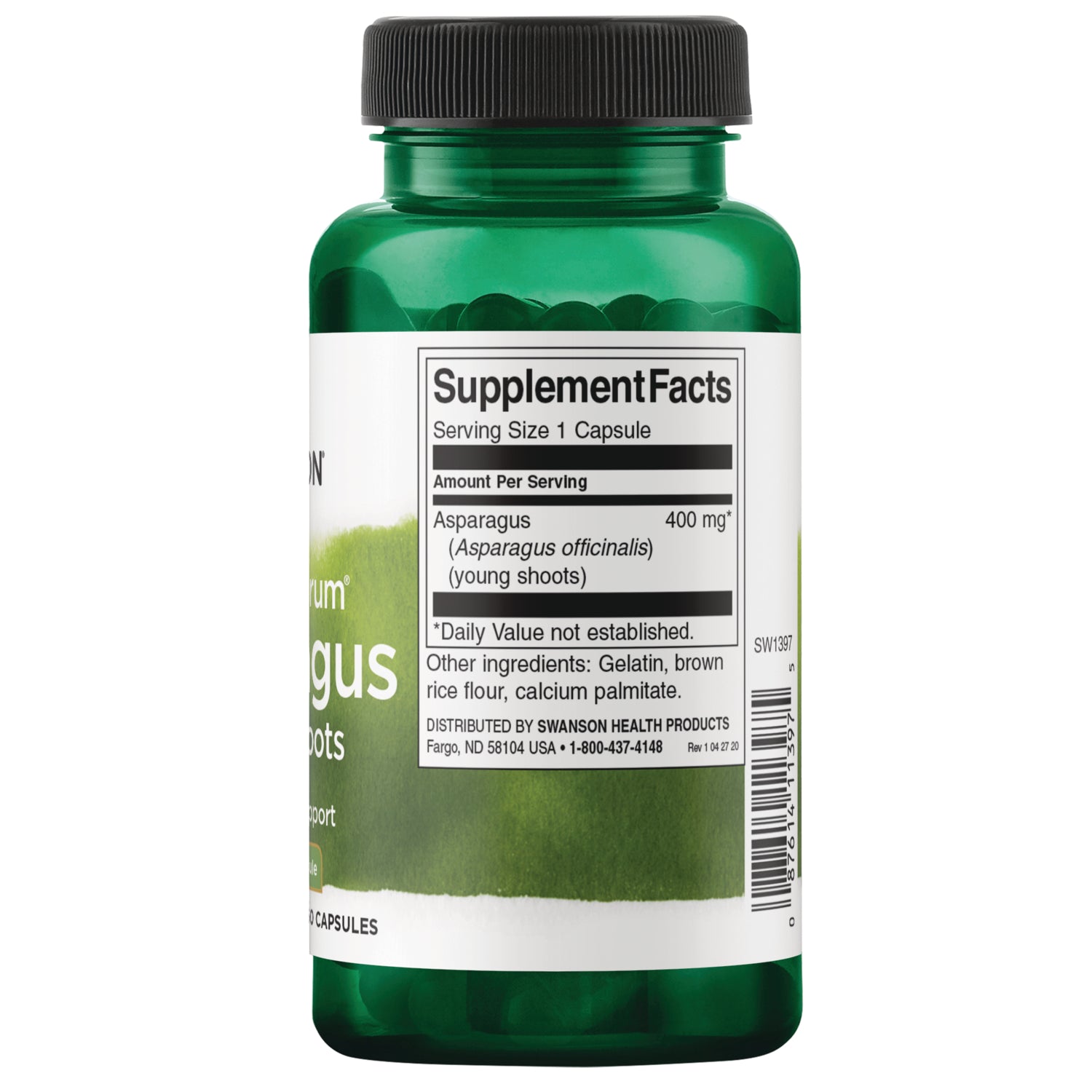 SW1397 | Back label with Supplement Facts: Asparagus 400 mg per capsule; other ingredients listed