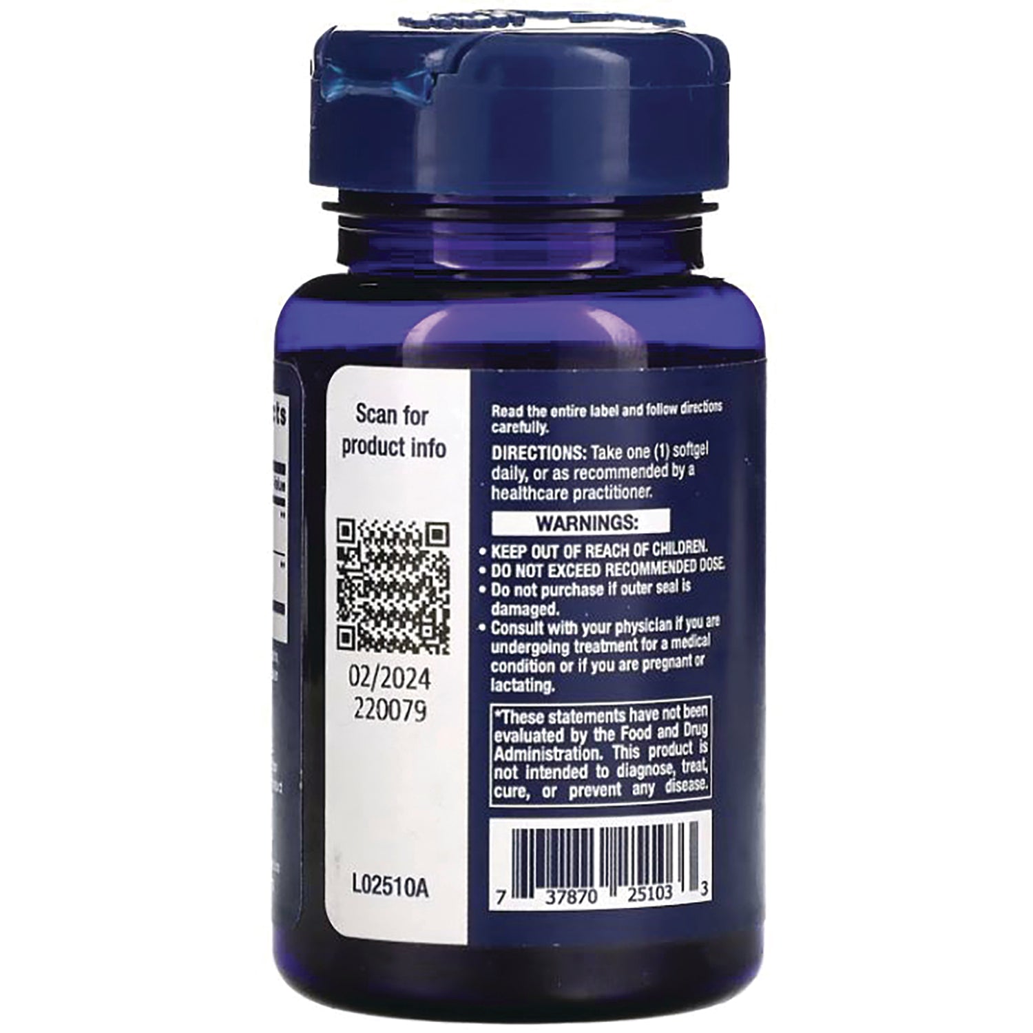 LE583 | Back of dark blue supplement bottle label showing warnings, barcode, QR code and expiration 02/2024
