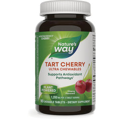 Nature's Way Tart Cherry Ultra Chewables bottle showing label reading 90 chewable tablets plant powered with cherries