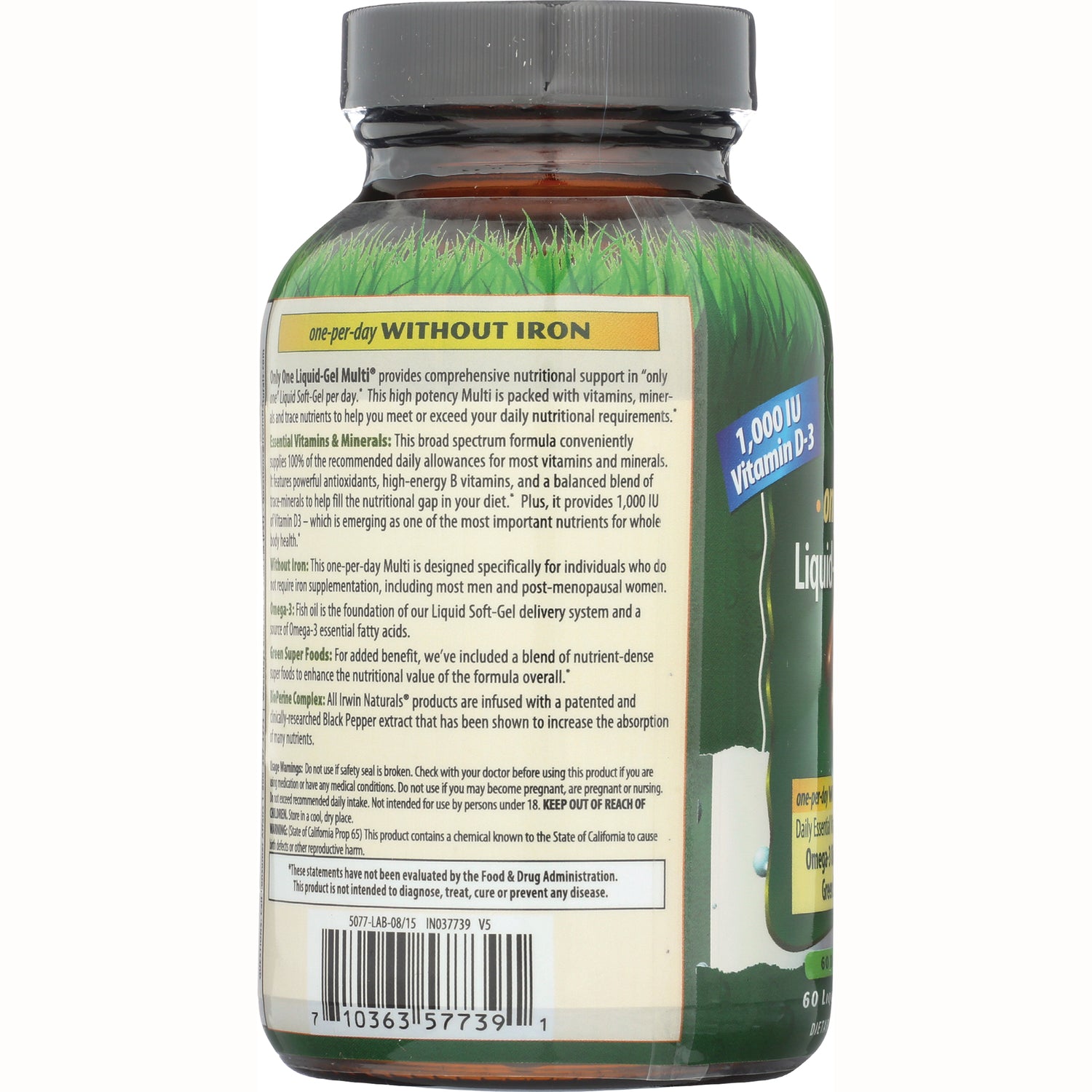 IR086 | back label of liquid supplement bottle showing ingredients panel, warnings, and barcode