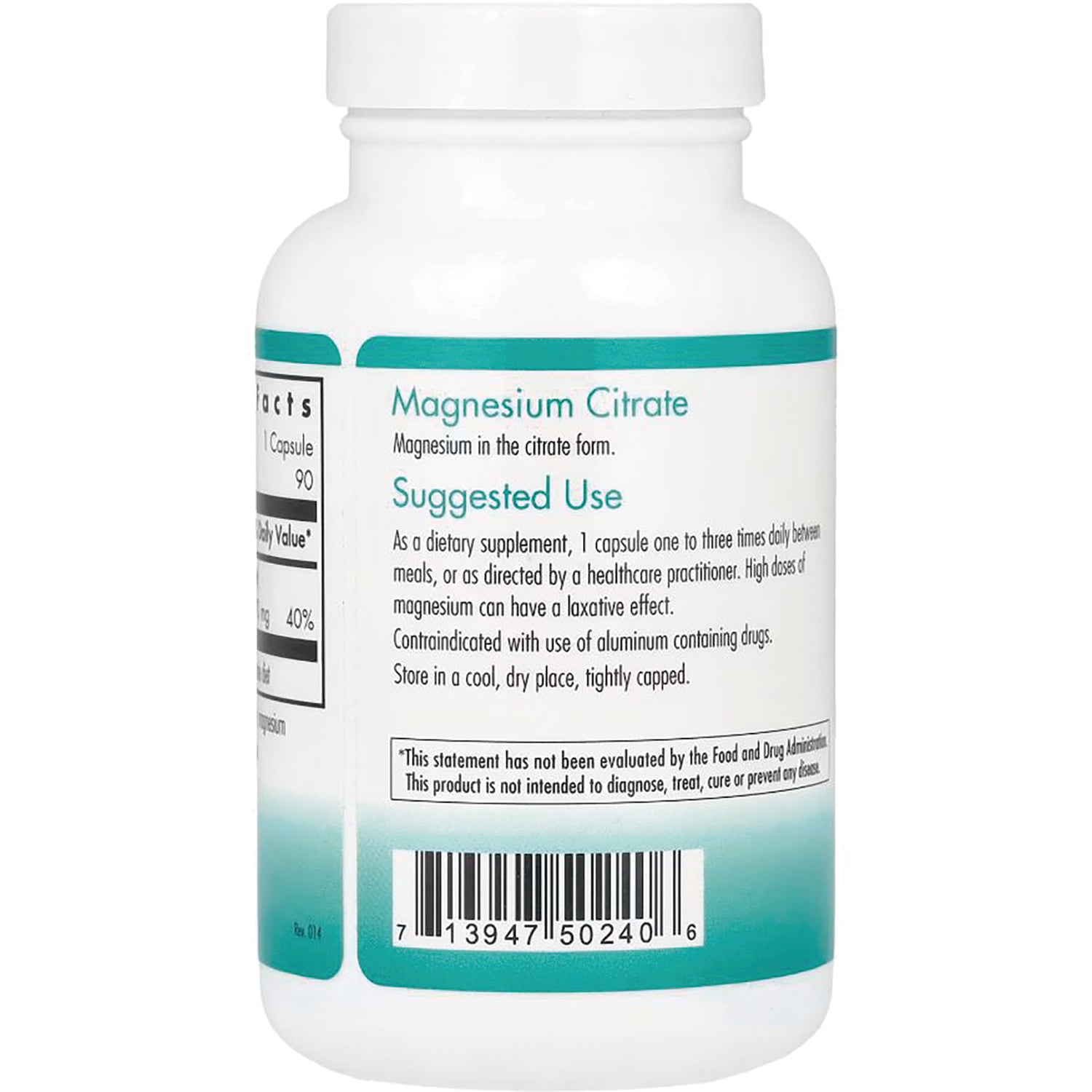 NCL019 | Back label of magnesium citrate supplement bottle showing suggested use instructions and barcode