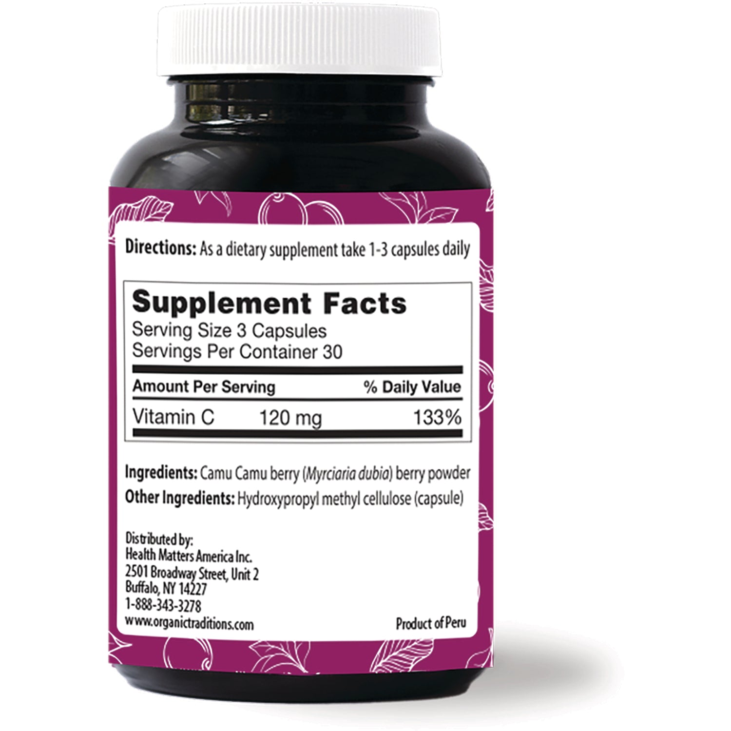 OTR077 | Back of supplement bottle showing Supplement Facts label with Vitamin C 120 mg, directions and ingredients