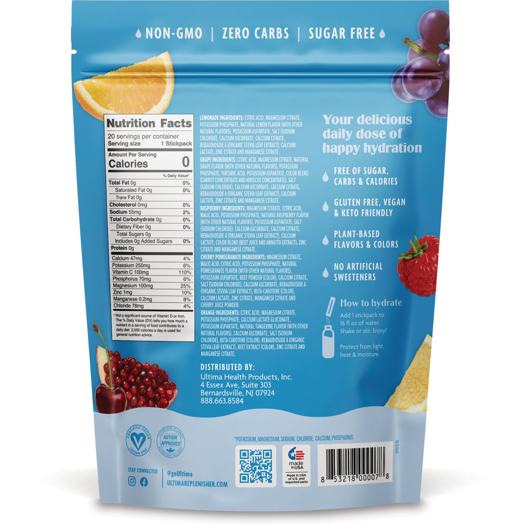 UHP031 | Back of hydration drink mix pouch with Nutrition Facts, ingredients, and claims: non-GMO, zero carbs, sugar free - Thumbnail
