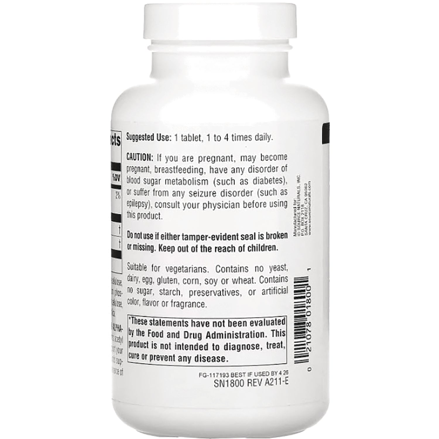 SN095 | Supplement bottle back label with suggested use, caution statement, FDA disclaimer, and barcode
