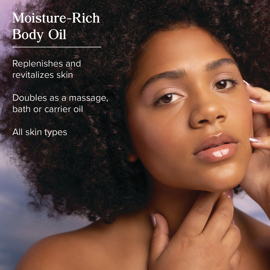 HTG004 | woman with glowing skin beside text Moisture-Rich Body Oil and product benefits - Thumbnail