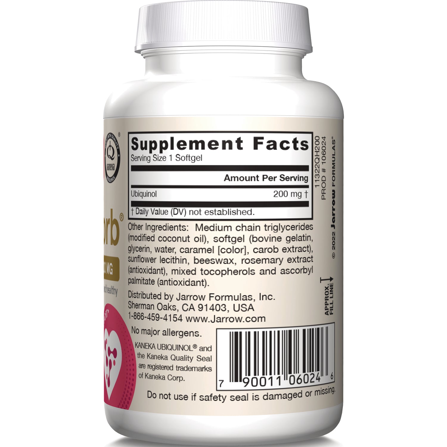 JR348 | Back label showing Supplement Facts panel with Ubiquinol 200 mg, ingredients and barcode