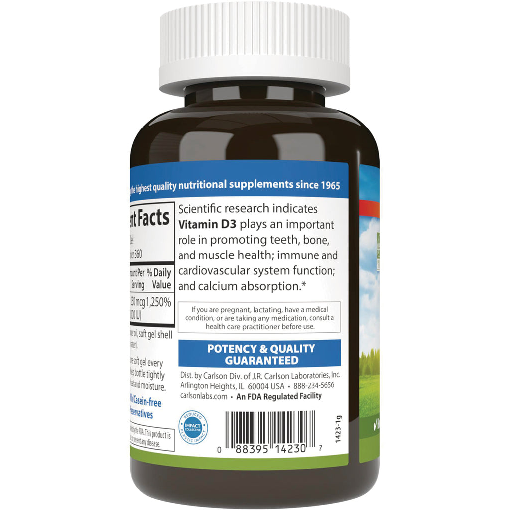 CSN299 | back label of brown supplement bottle showing Vitamin D3 facts, potency guarantee and barcode - Thumbnail