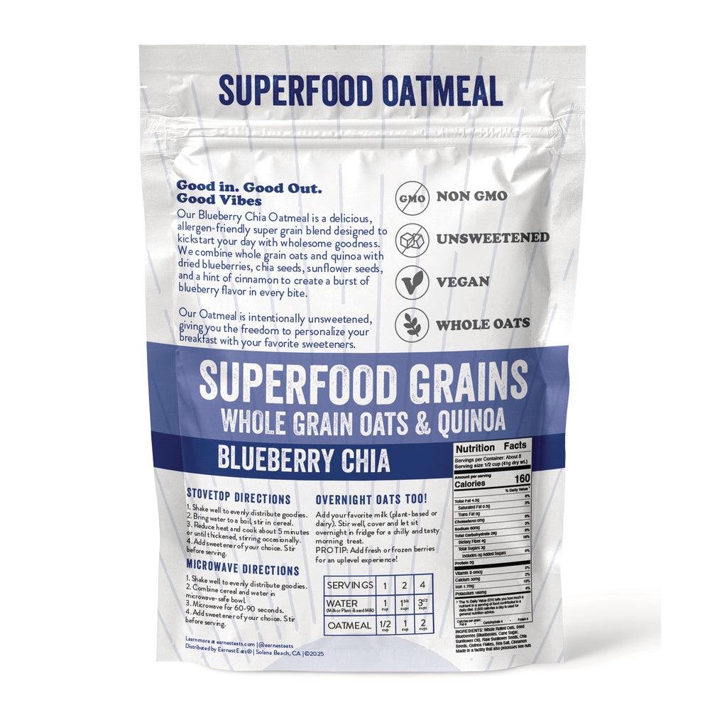 ERE013 | Back of Superfood Oatmeal Blueberry Chia pouch showing product description, directions, and Nutrition Facts - Thumbnail