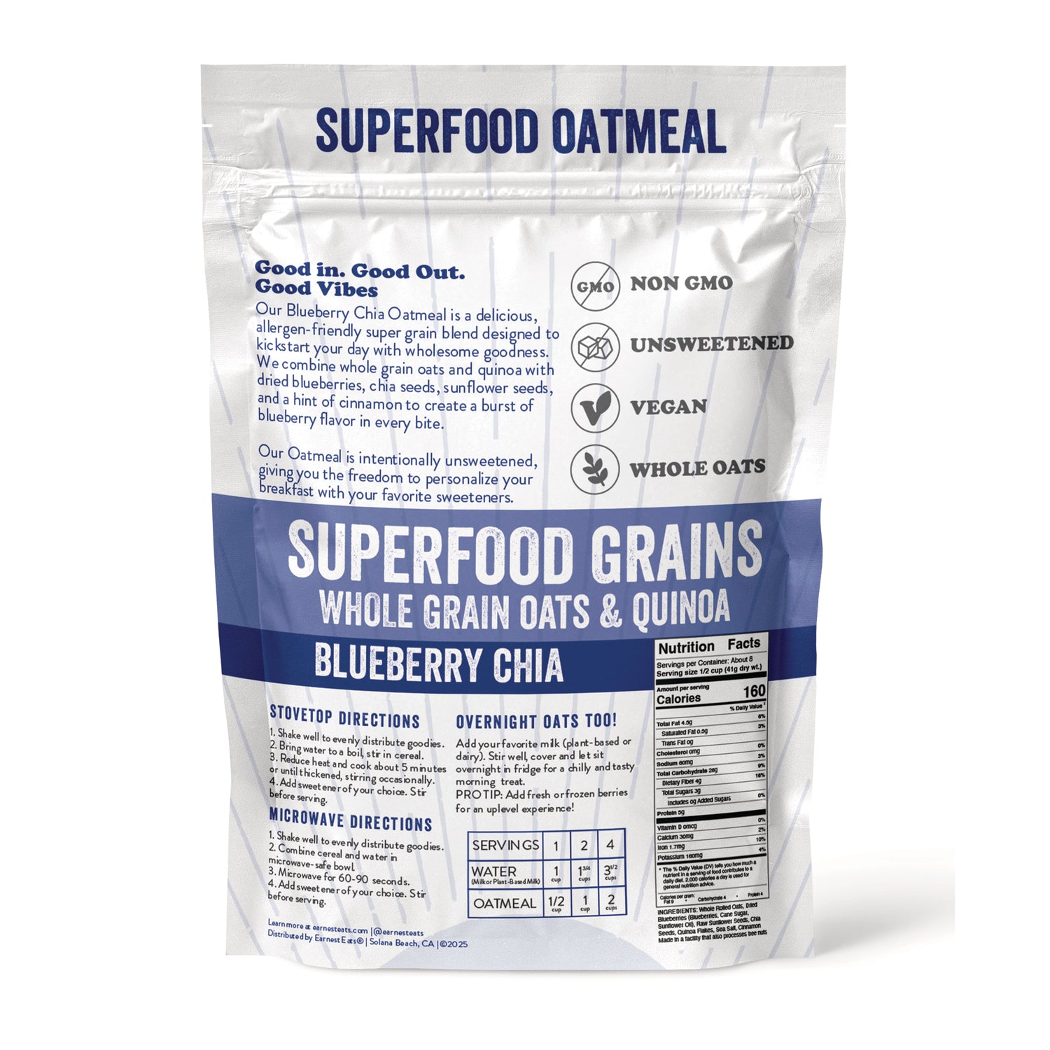 ERE013 | Back of Superfood Oatmeal Blueberry Chia pouch showing product description, directions, and Nutrition Facts