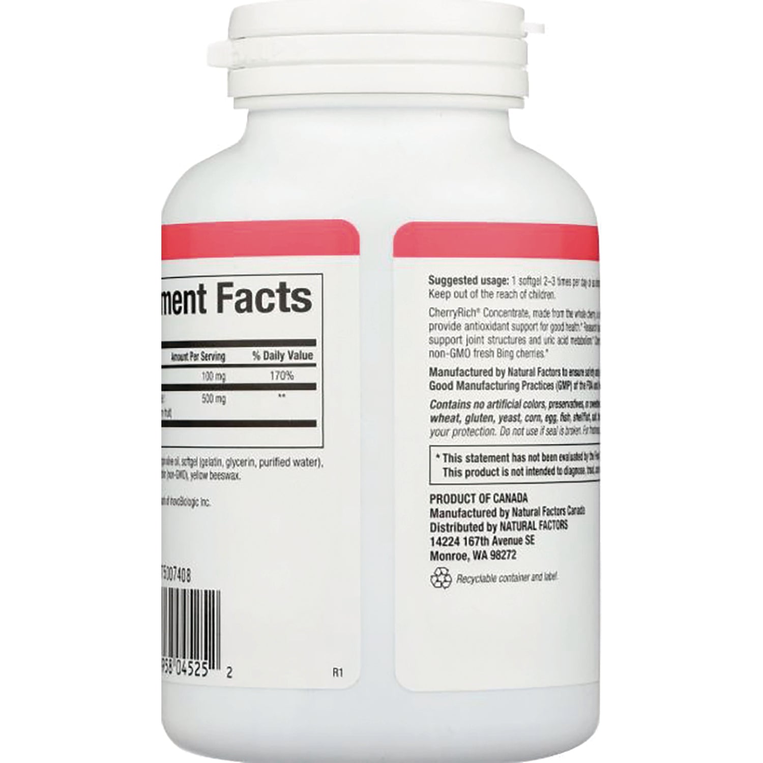 NFC134 | Back label showing Supplement Facts panel, suggested usage, and manufacturer information on white supplement bottle