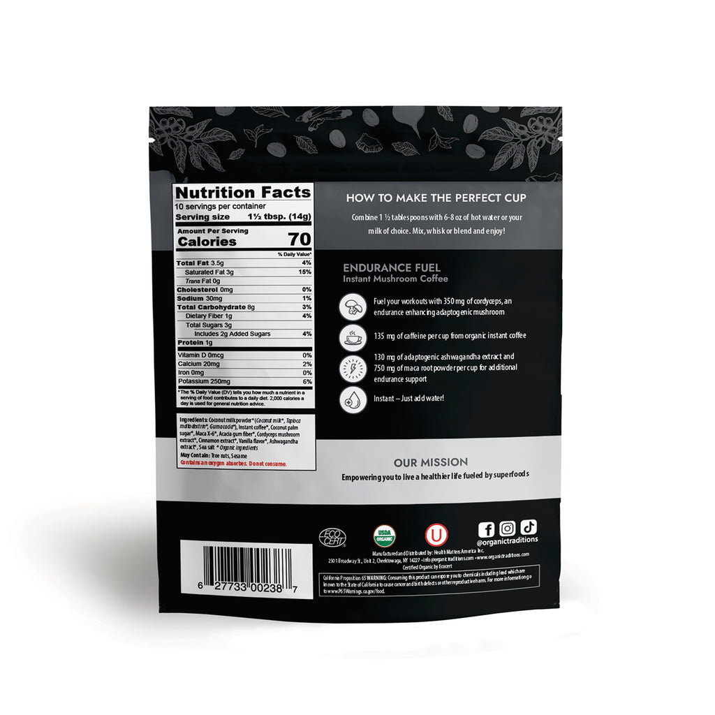 OTR104 | Back of black pouch showing Nutrition Facts panel, brewing instructions, barcode and brand mission - Thumbnail