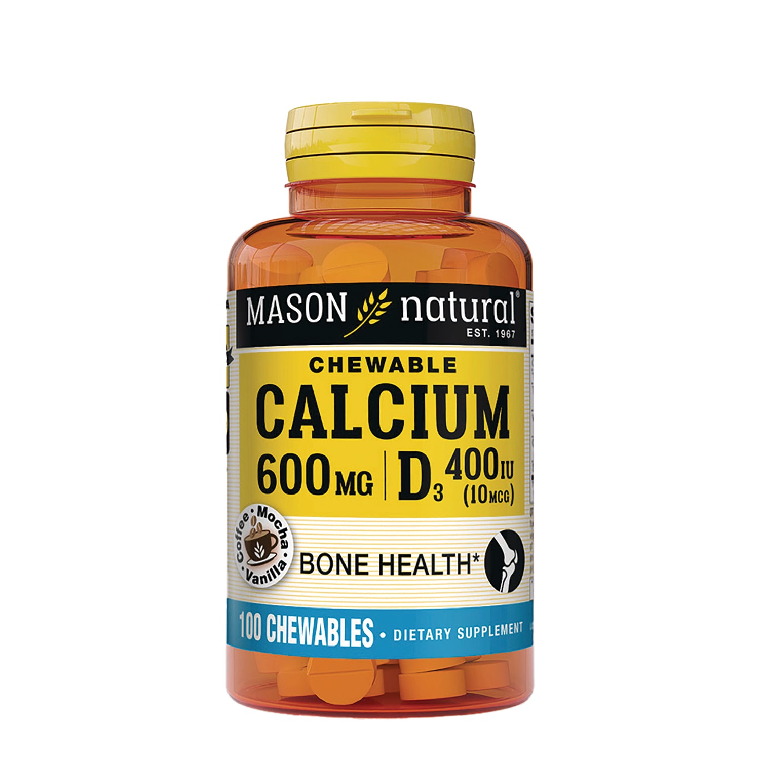 MSN008 | Mason Natural chewable calcium 600 mg with vitamin D3 400 IU bottle, 100 chewables