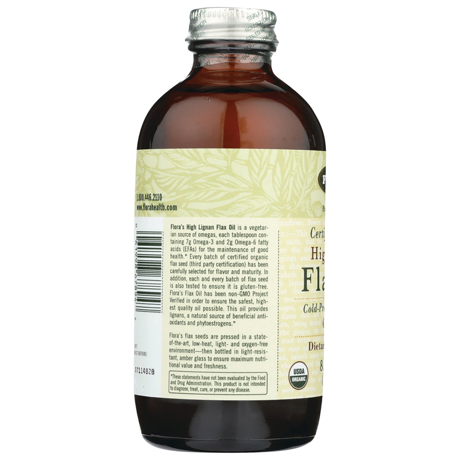 FL113 | back label of amber glass bottle showing ingredients text, barcode, and certification seals for flax oil