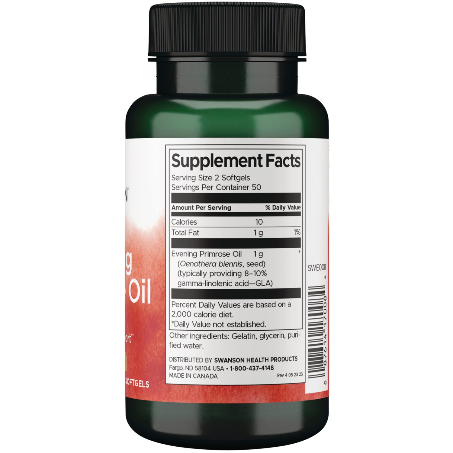 SWE008 | Back label showing Supplement Facts for evening primrose oil softgels