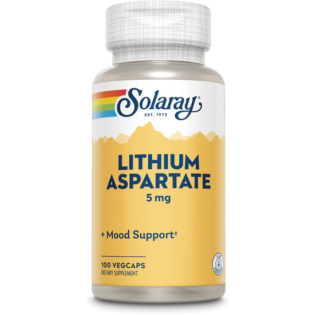 SLR200 | Solaray Lithium Aspartate 5 mg mood support, 100 VegCaps dietary supplement bottle - Thumbnail
