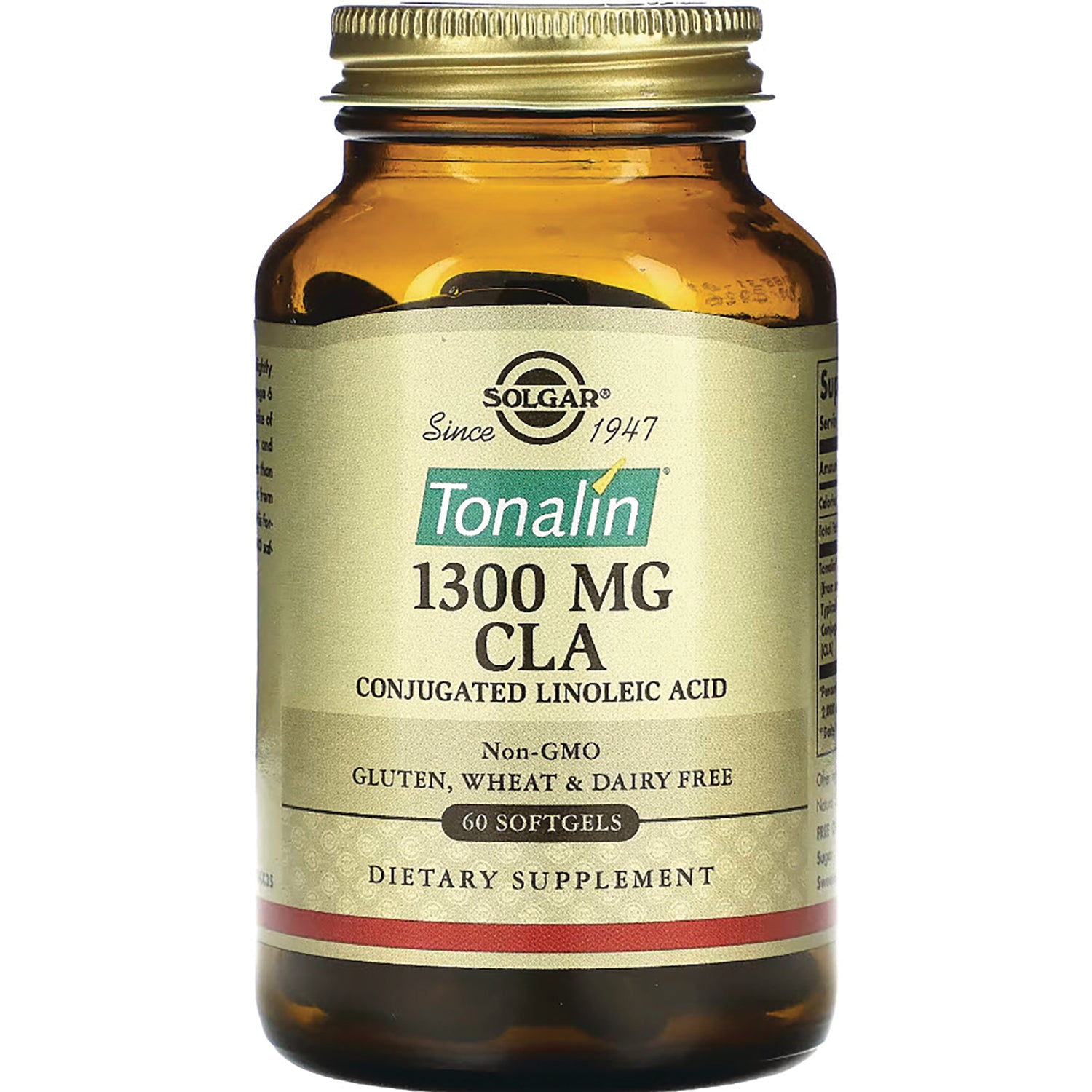 SLG338 | Solgar Tonalin 1300 MG CLA dietary supplement bottle, amber glass with 60 softgels label
