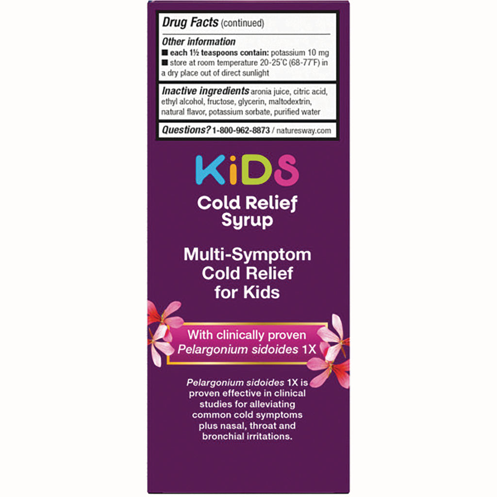 NW747 | Back of purple Kids Cold Relief Syrup box showing Drug Facts panel and product claims - Thumbnail