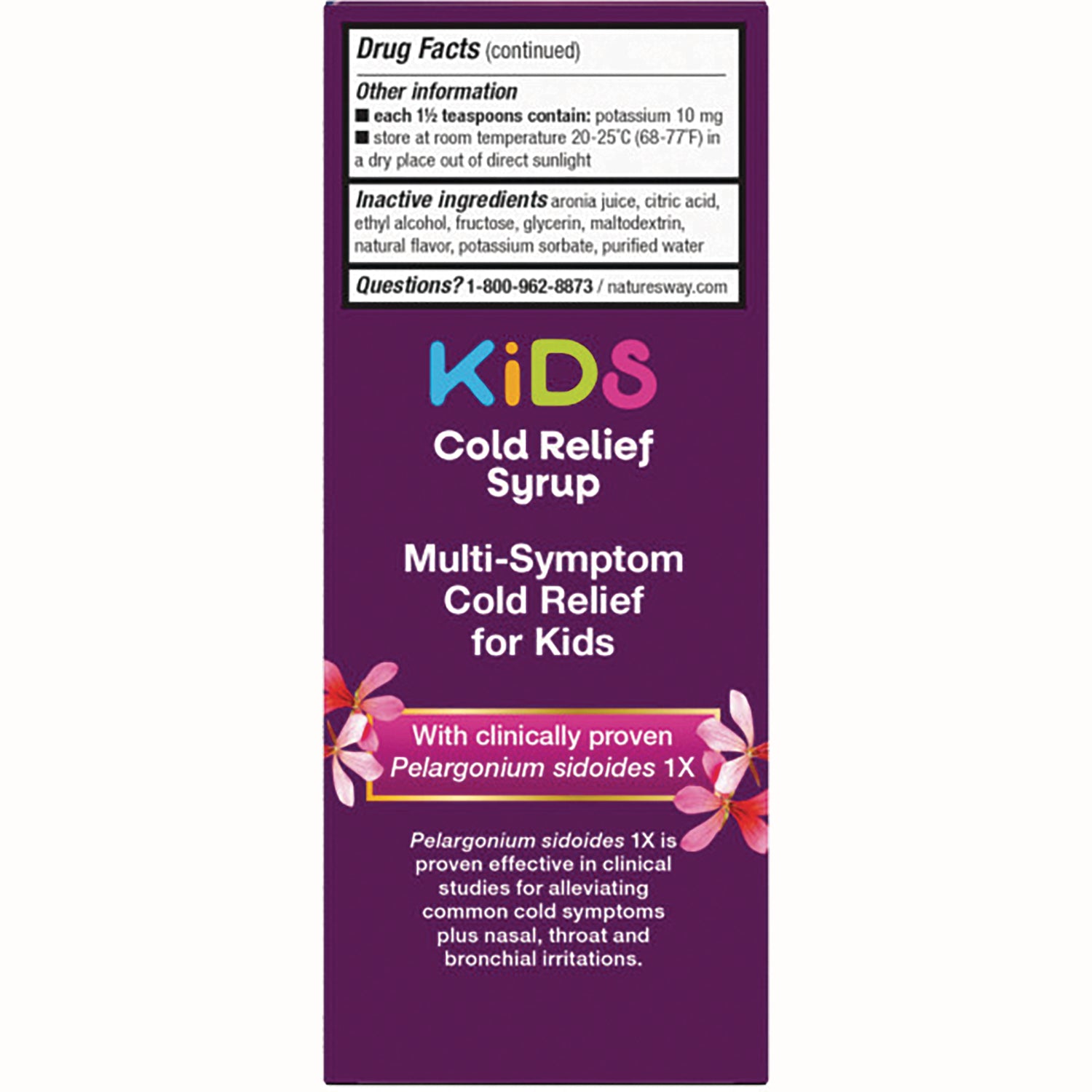 NW747 | Back of purple Kids Cold Relief Syrup box showing Drug Facts panel and product claims