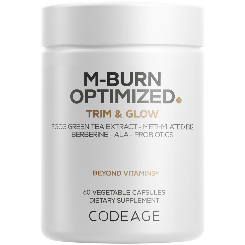 CDG036 | Front view of white Codeage M-Burn Optimized supplement jar labeled Beyond Vitamins 60 vegetable capsules - Thumbnail