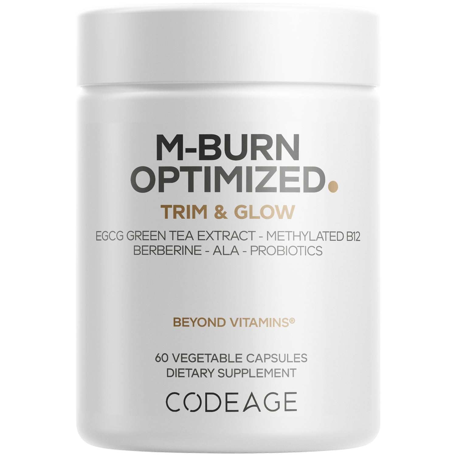 CDG036 | Front view of white Codeage M-Burn Optimized supplement jar labeled Beyond Vitamins 60 vegetable capsules