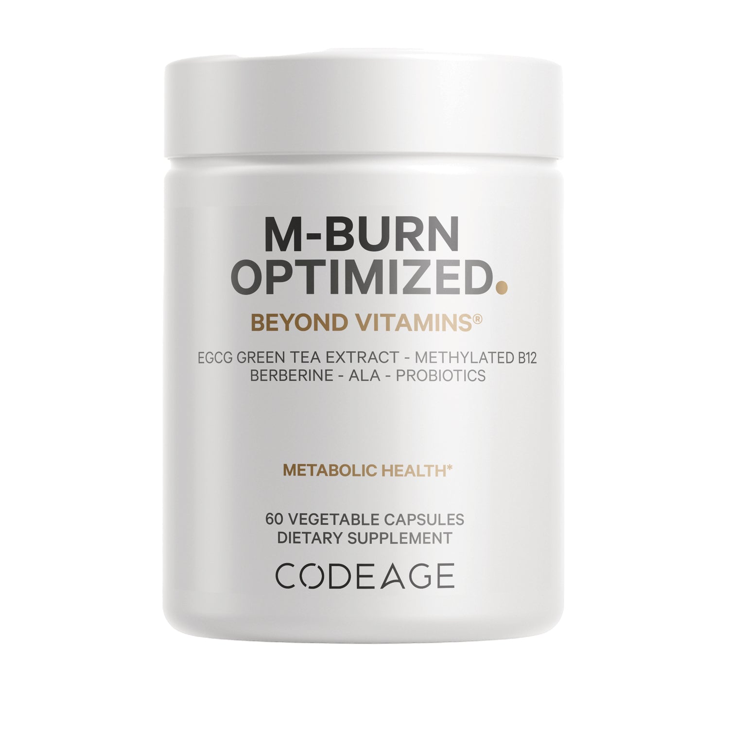 CDG036 | Front view of white Codeage M-Burn Optimized supplement jar labeled Beyond Vitamins 60 vegetable capsules