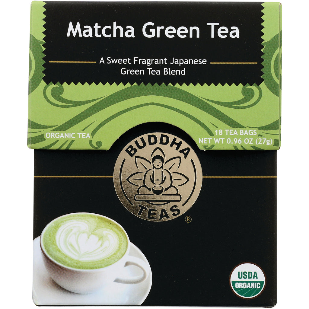 BUD006 | Buddha Teas Matcha Green Tea box front with cup of matcha, USDA Organic seal, 18 tea bags - Thumbnail