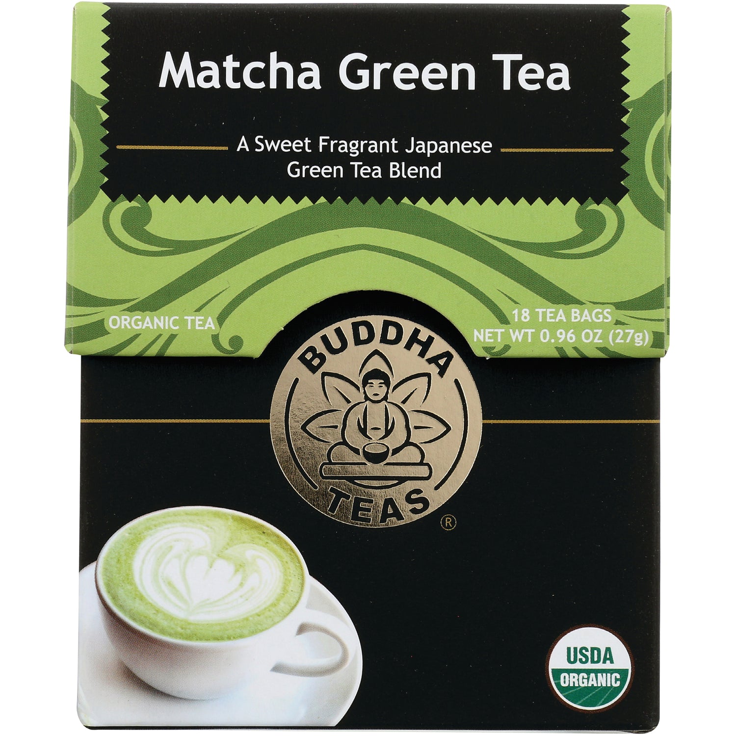 BUD006 | Buddha Teas Matcha Green Tea box front with cup of matcha, USDA Organic seal, 18 tea bags