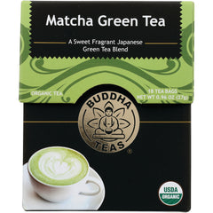 BUD006 | Buddha Teas Matcha Green Tea box front with cup of matcha, USDA Organic seal, 18 tea bags