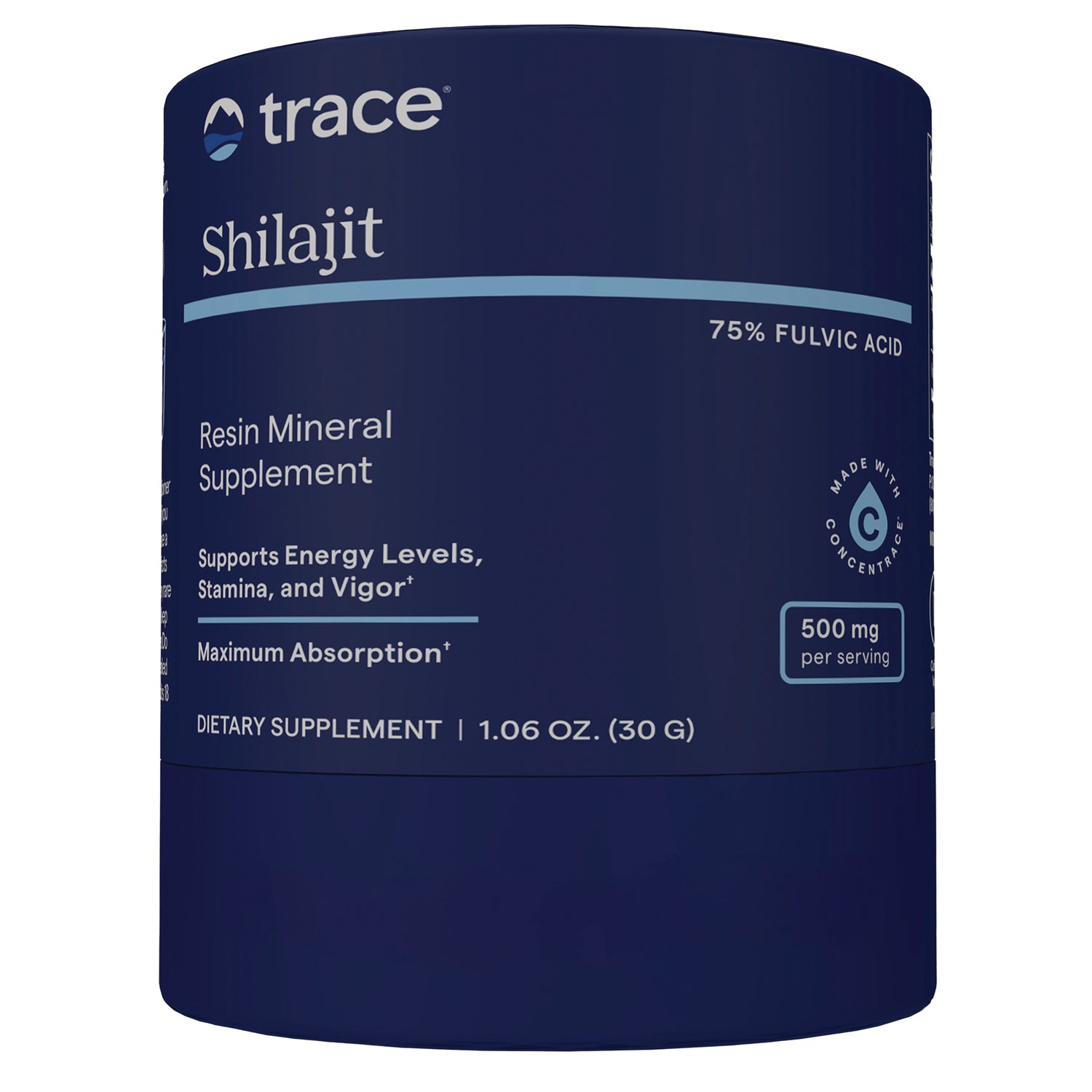 TM161 | Trace Shilajit resin mineral supplement jar, 75% fulvic acid, 500 mg per serving, 1.06 oz