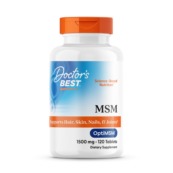 DB087 | Doctor's Best MSM with OptiMSM 1500 mg bottle, 120 tablets, orange cap and white label, supports healthy joints - Thumbnail