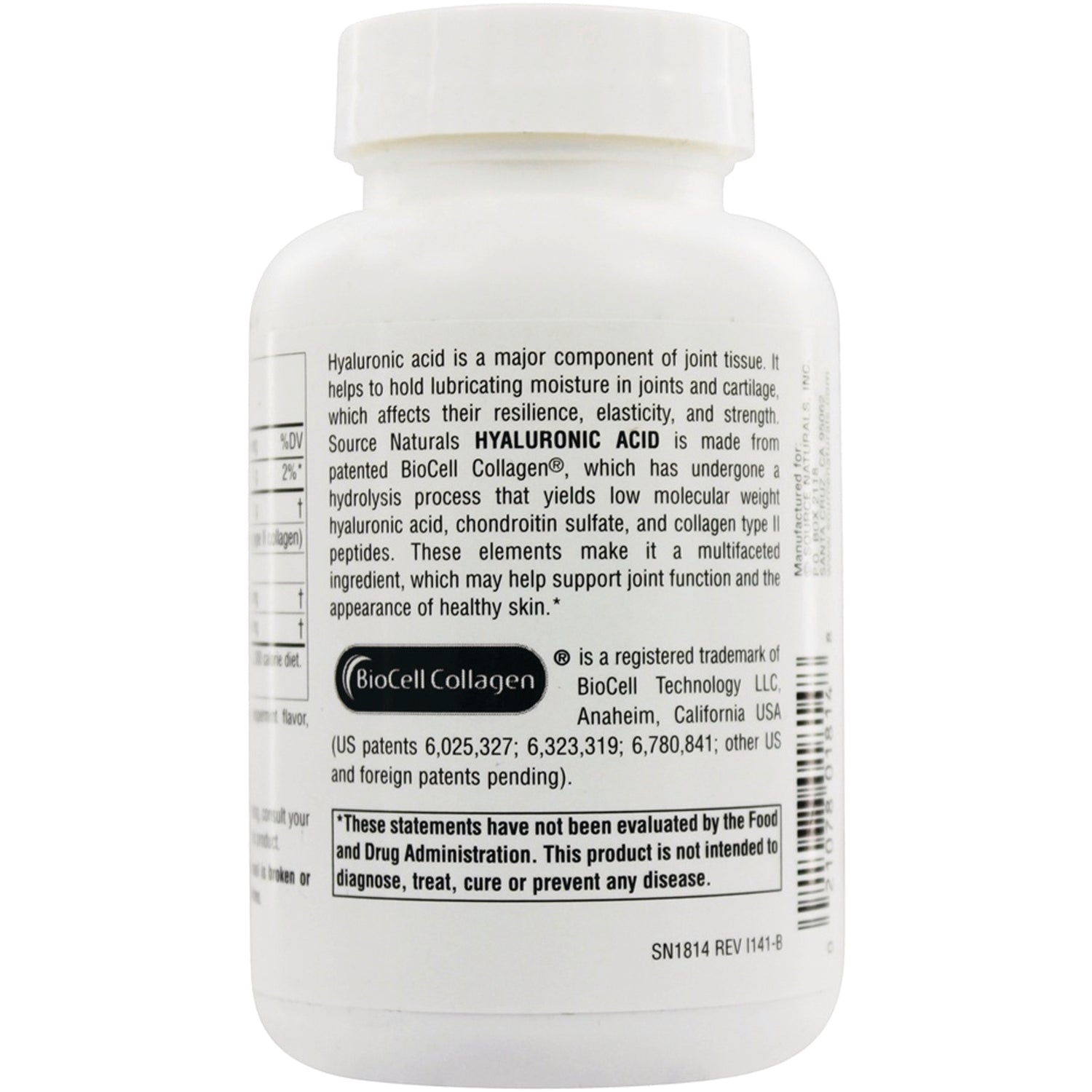 SN461 | Back label with Hyaluronic Acid and BioCell Collagen details and FDA disclaimer